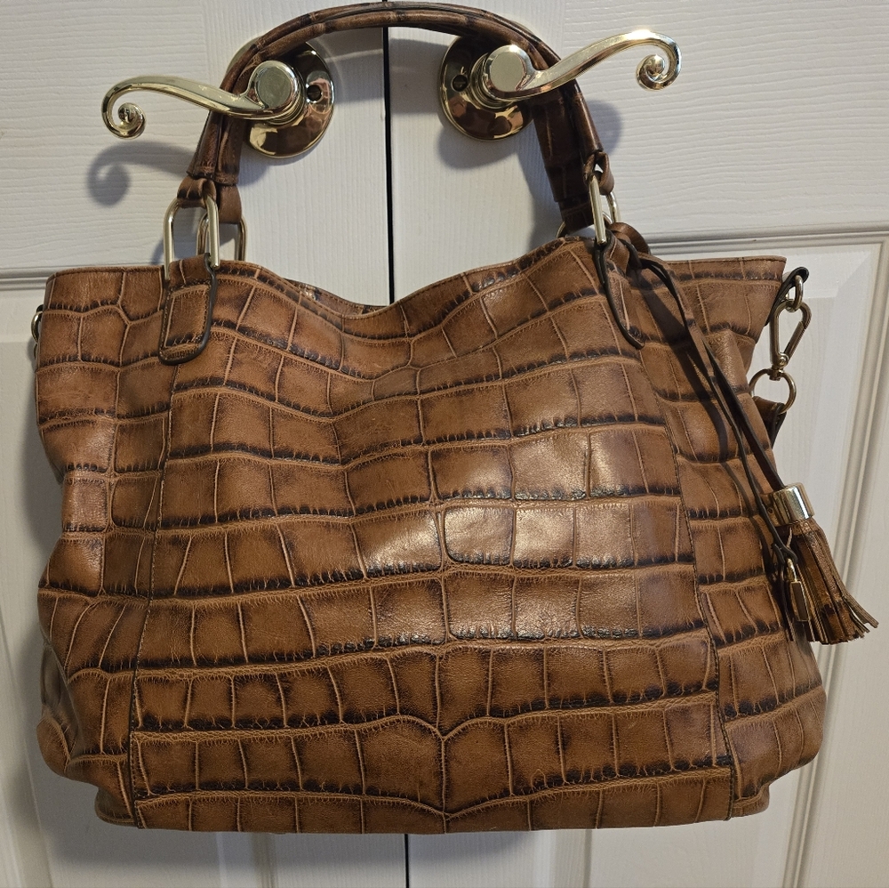 🤎👜🤎G.I.L.I. Roma Croco Embossed Italian Leather Tan Brown Tote w/Tassel🤎👜🤎